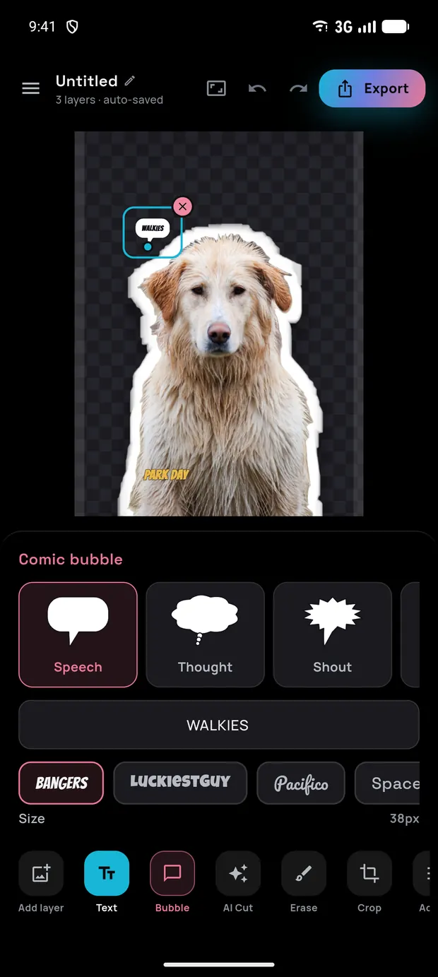 The Comic bubble panel with Speech, Thought and Shout shapes, a caption field and a font strip