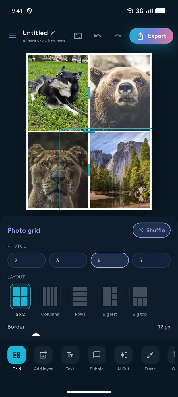 A four-photo collage in a 2 by 2 grid with the Photo grid panel open