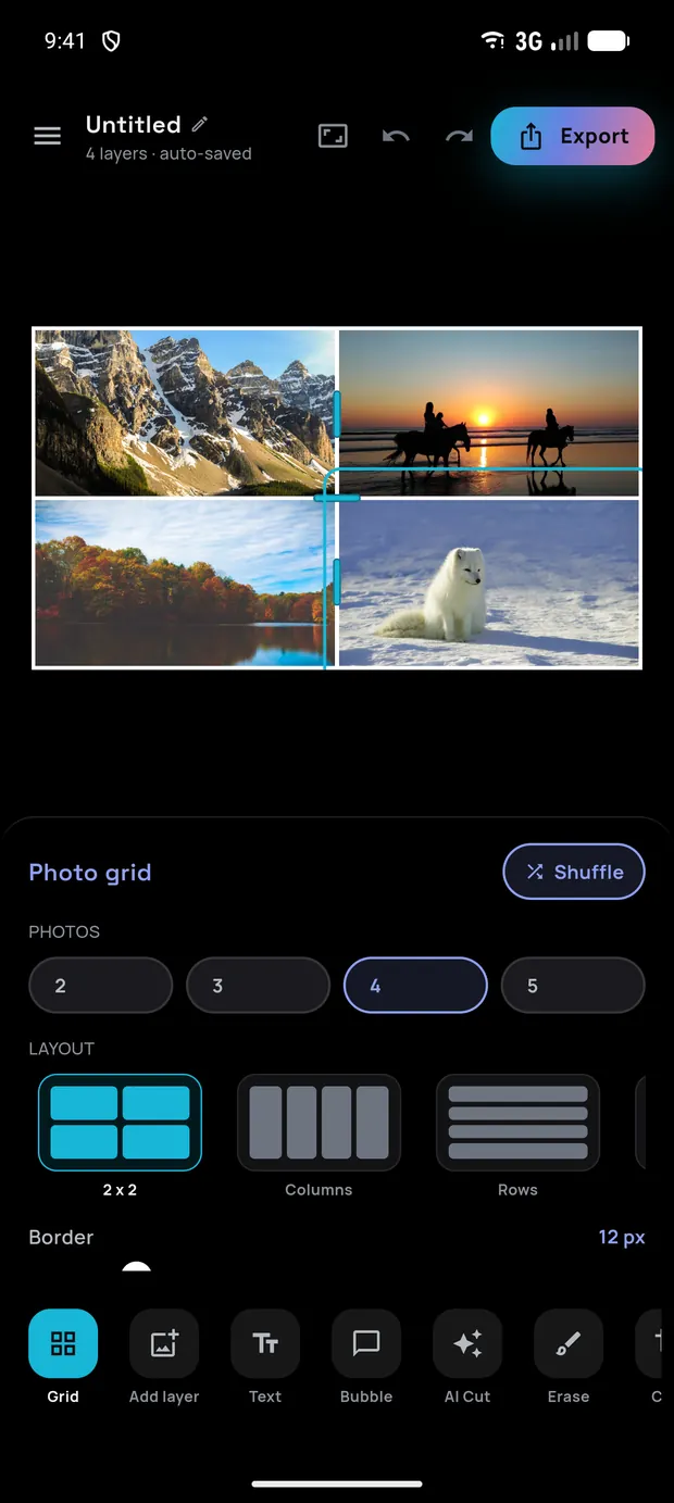 A four-photo collage in a 2 by 2 grid with the Photo grid panel open