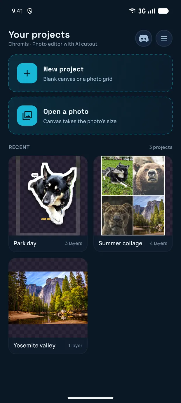 Chromis home screen with a New project card, Open a photo card and two recent projects