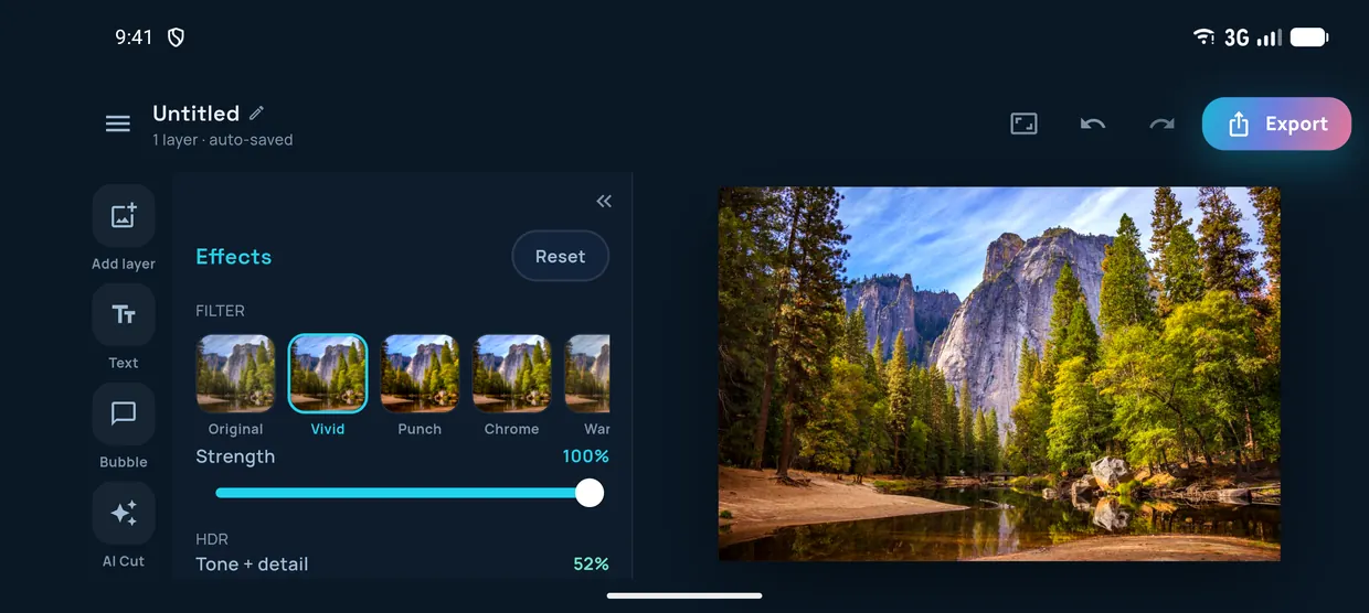 The editor in landscape: a vertical tool rail on the left, the Effects panel beside it, and the photo filling the rest of the screen
