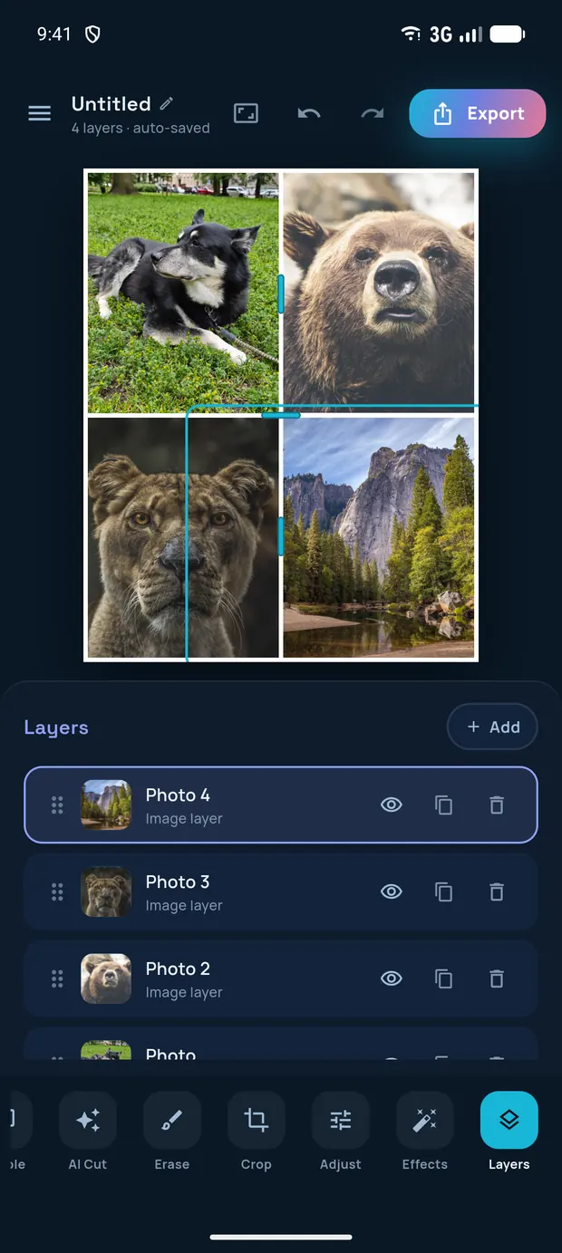 Layers panel listing four photo layers with thumbnails