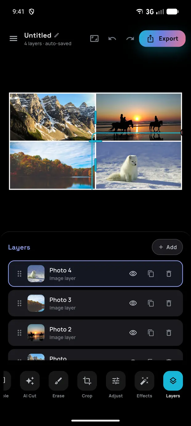 Layers panel listing four photo layers with thumbnails