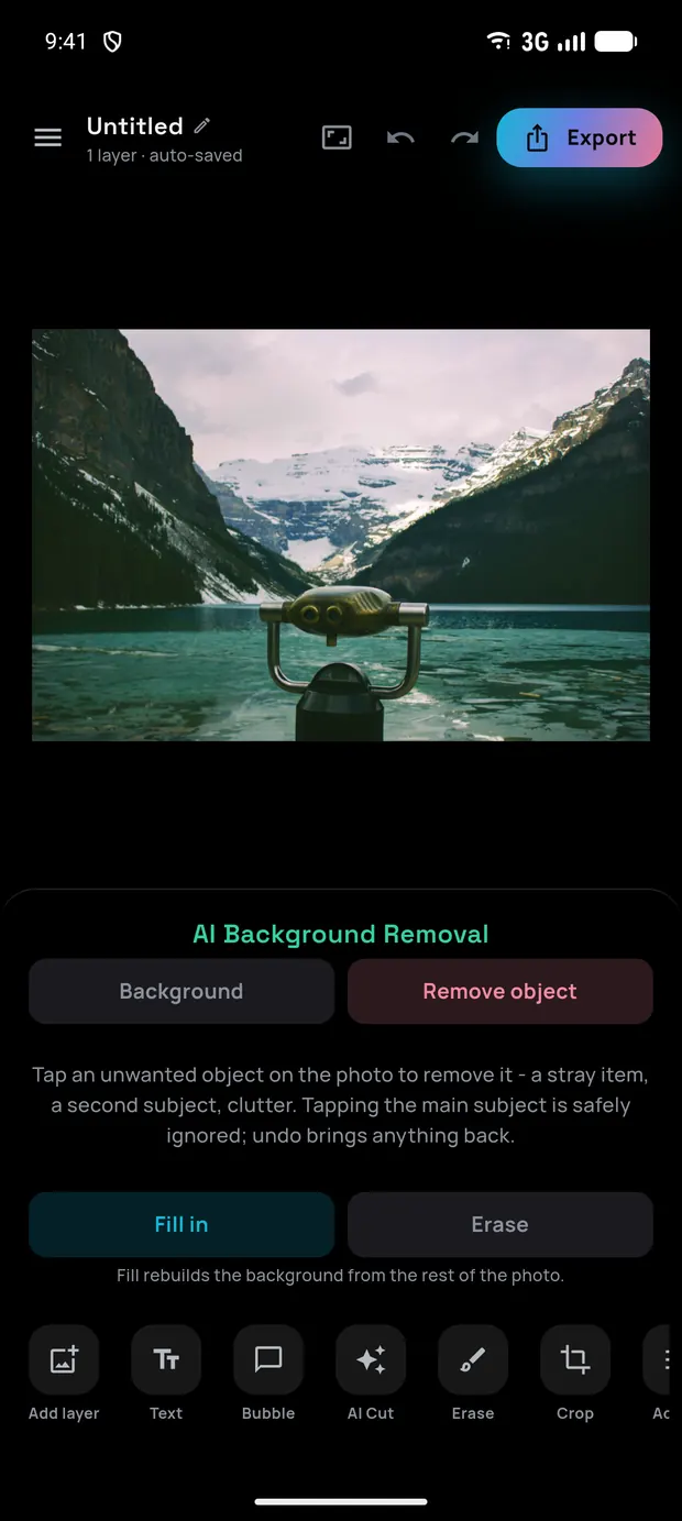 The Remove object panel with a Fill in and Erase chooser below the AI Background Removal heading
