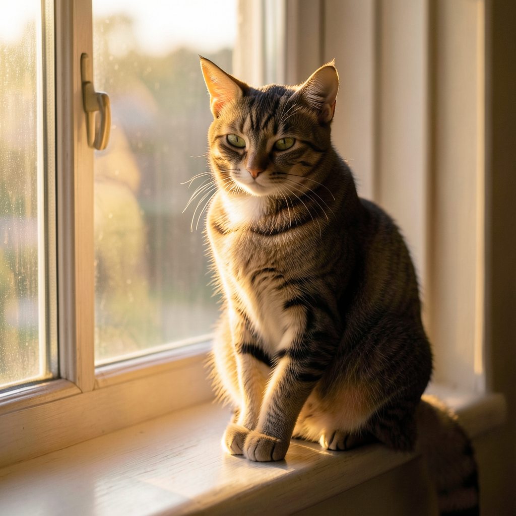 A tabby cat sitting on a sunlit windowsill