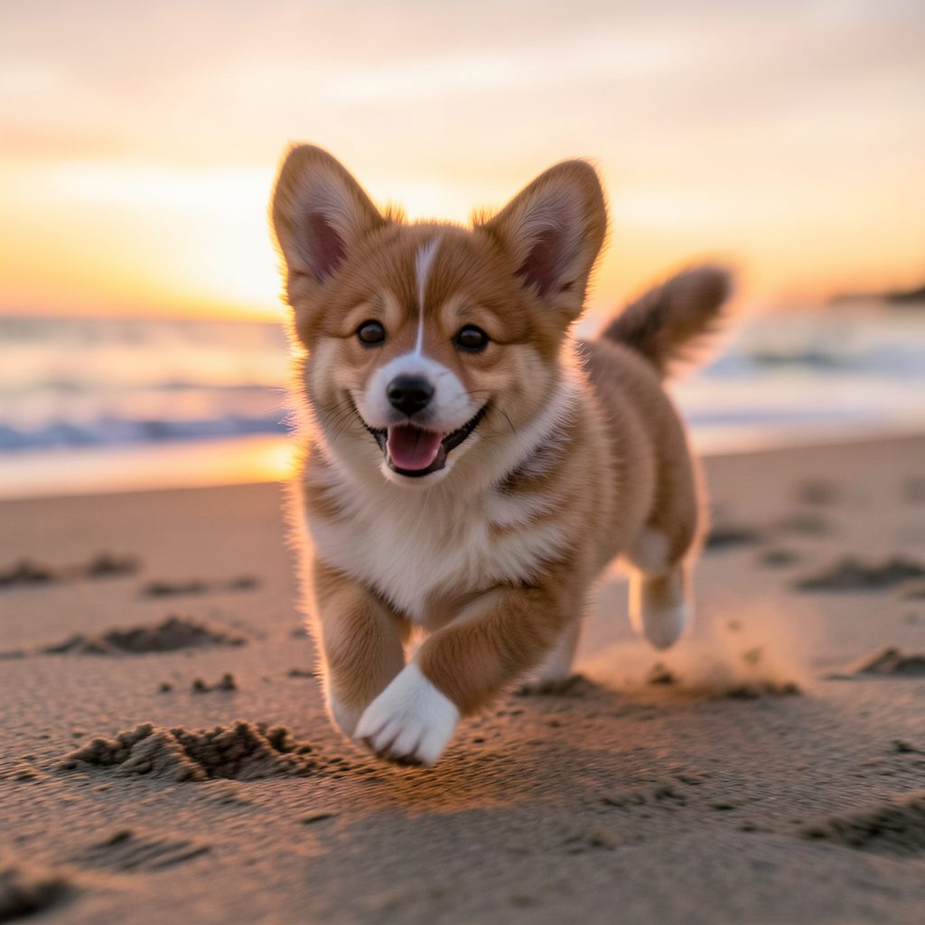 A corgi puppy running on a beach at sunset