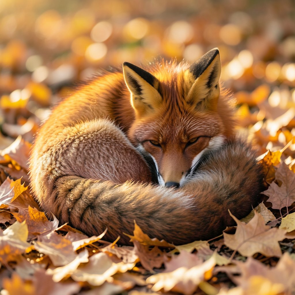 A red fox curled up in golden autumn leaves
