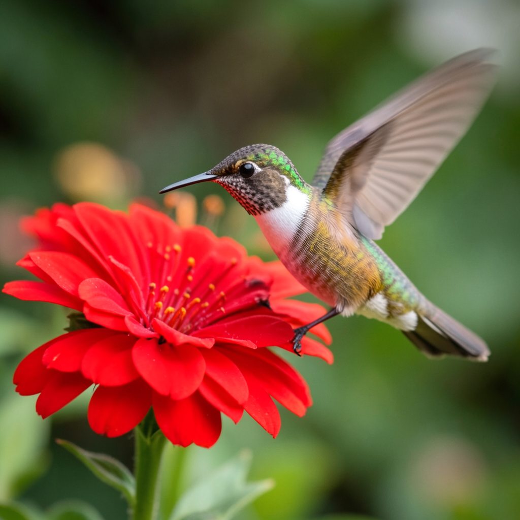 A hummingbird hovering by a red flower