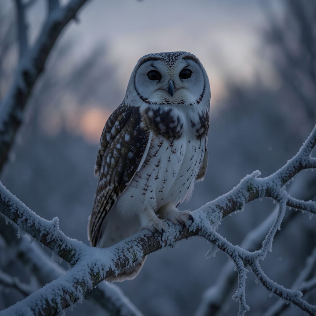 A snowy owl on a frosted branch at dusk