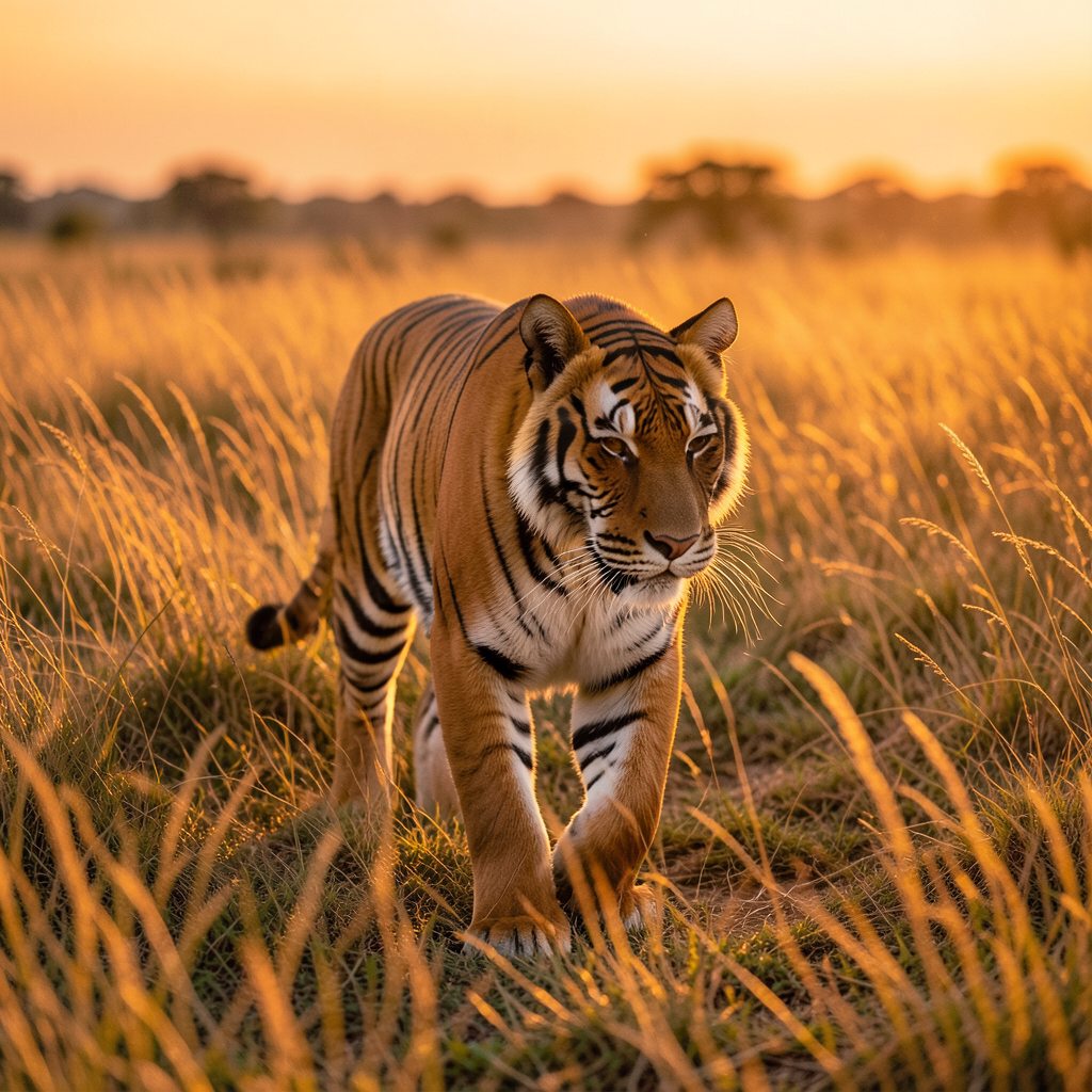 A photorealistic tiger walking through golden grass, generated locally by Gentastic
