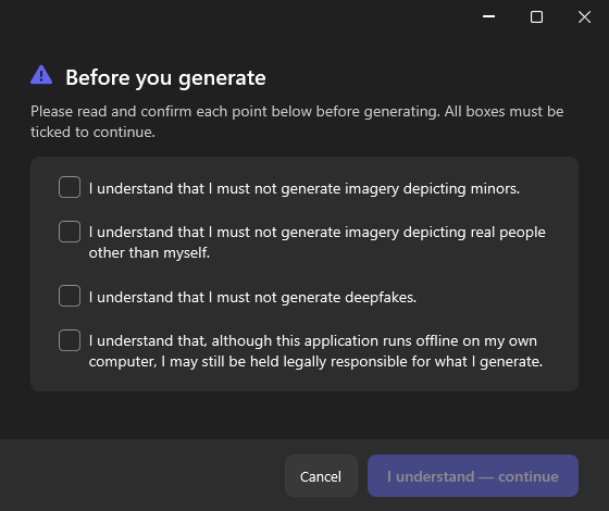 The acknowledgement dialog shown before every adult or identity-locked generation, with four checkboxes that must all be ticked to continue
