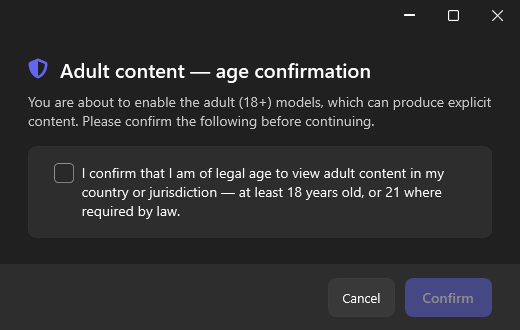 The age-confirmation dialog shown once, when enabling adult models