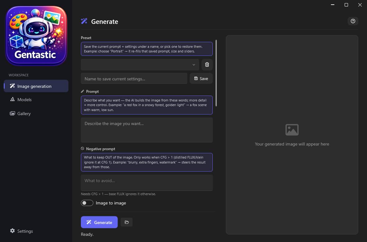 The Generate page: prompt, negative prompt, model picker, and live preview