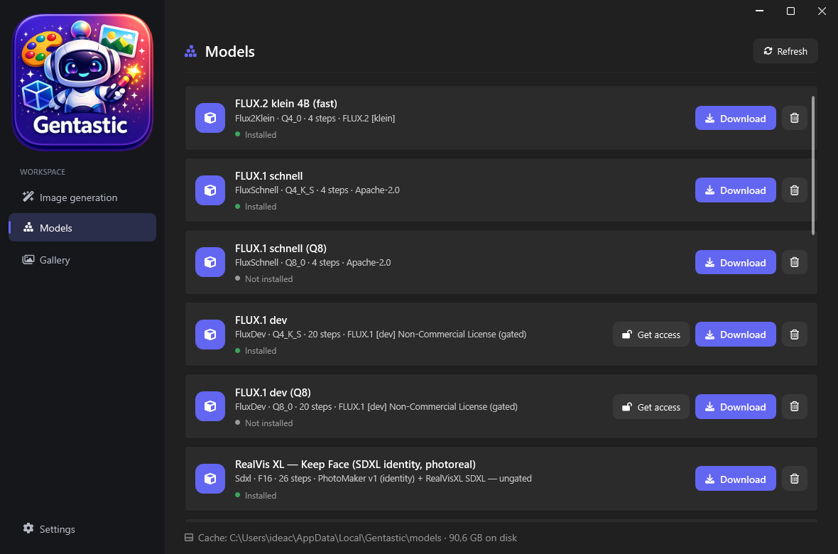 The Models page: installed and available models with one-click download