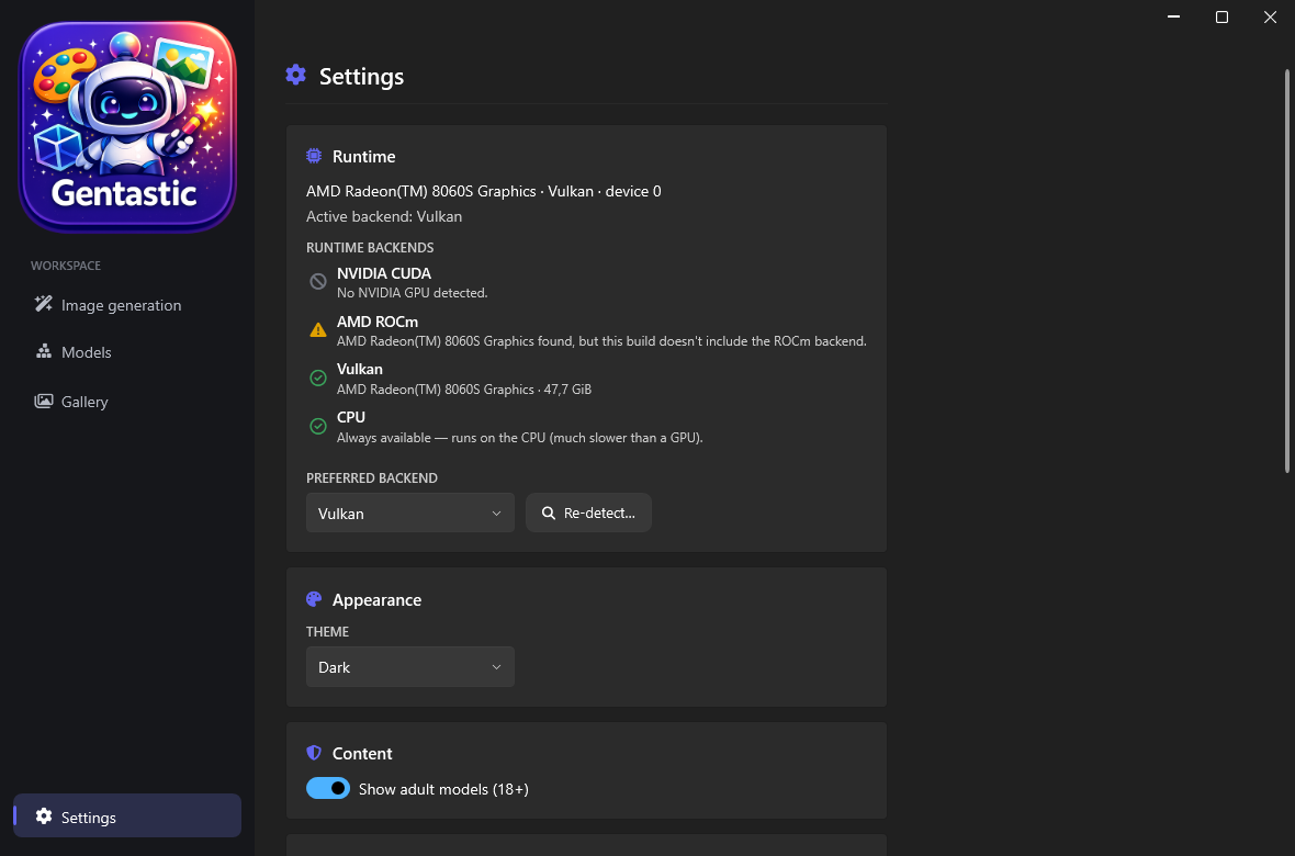 The Settings page: runtime backend, theme, and content options