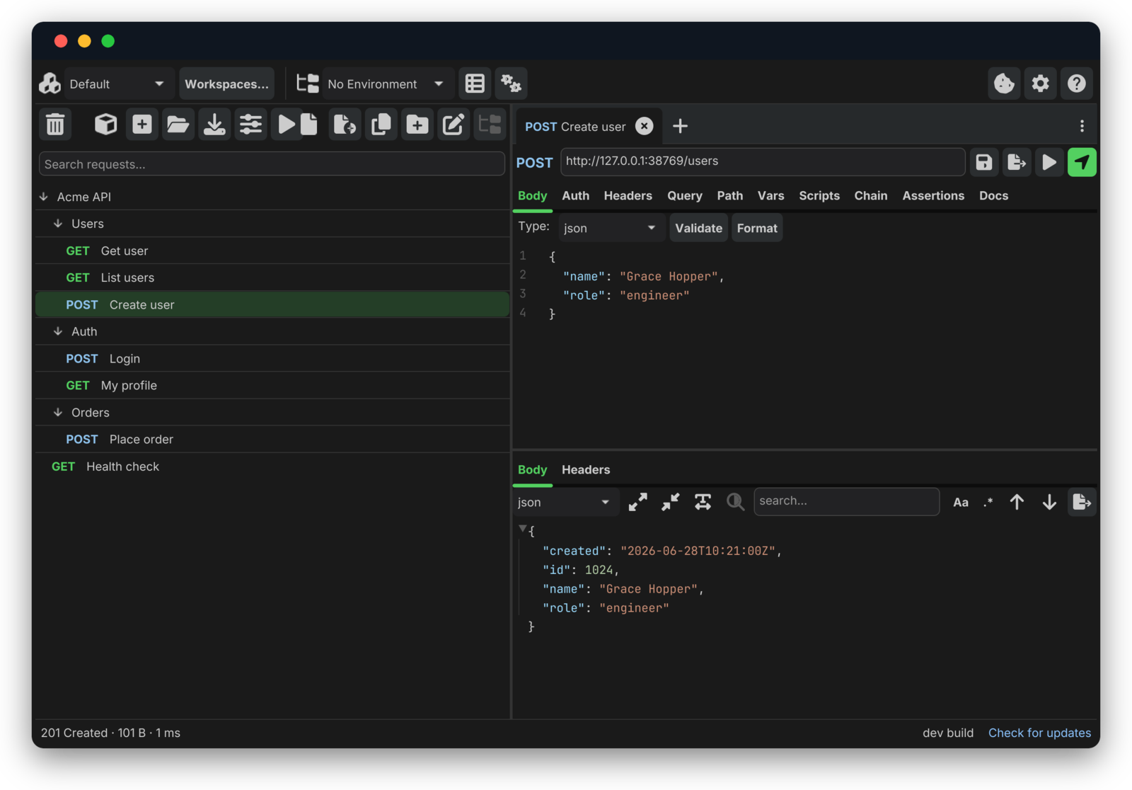 The Helena app: a collection sidebar, a POST request with a JSON body, and the 201 Created response