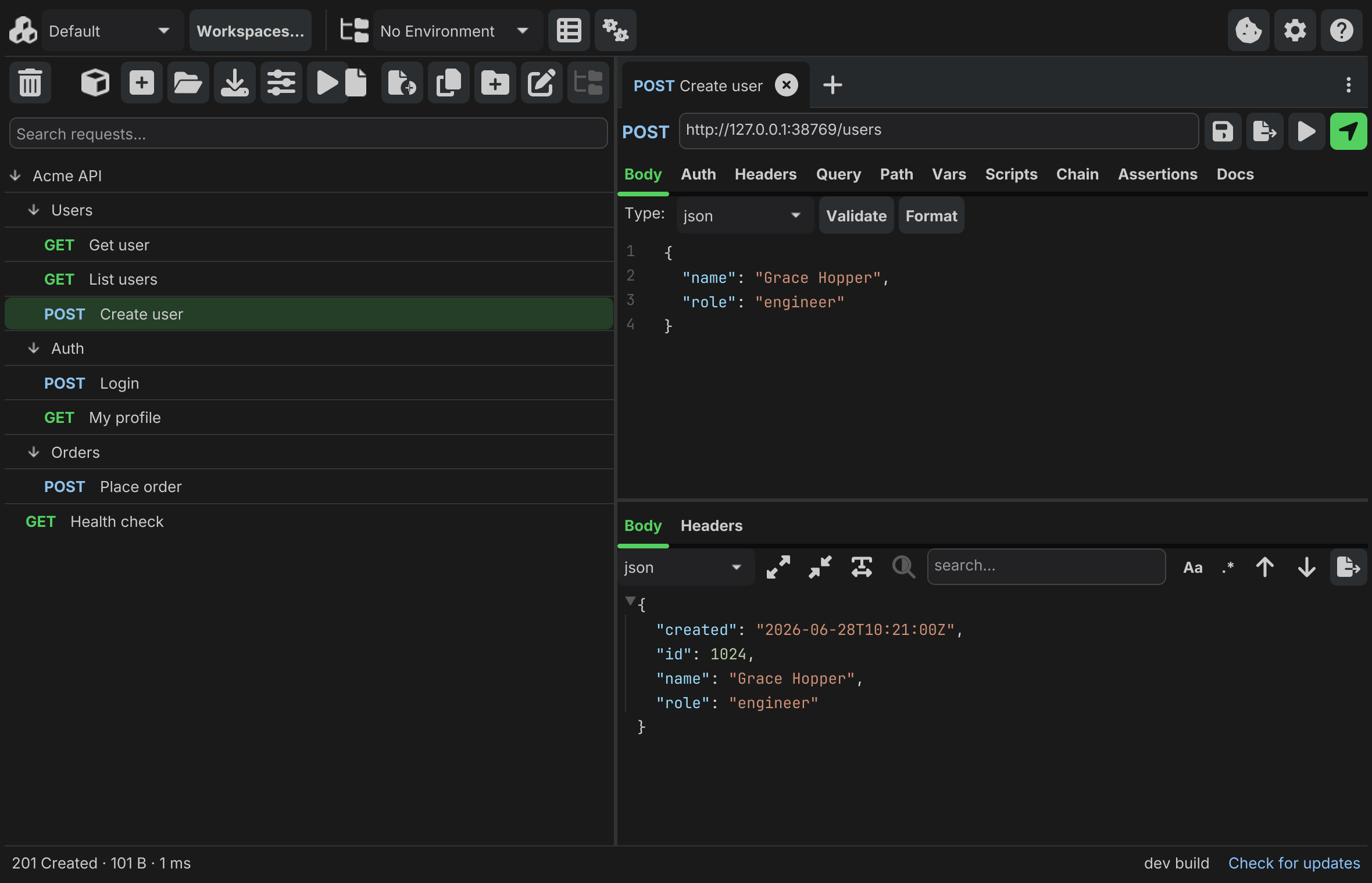 The Helena desktop app: a collection sidebar, a POST request with a JSON body, and the 201 Created response