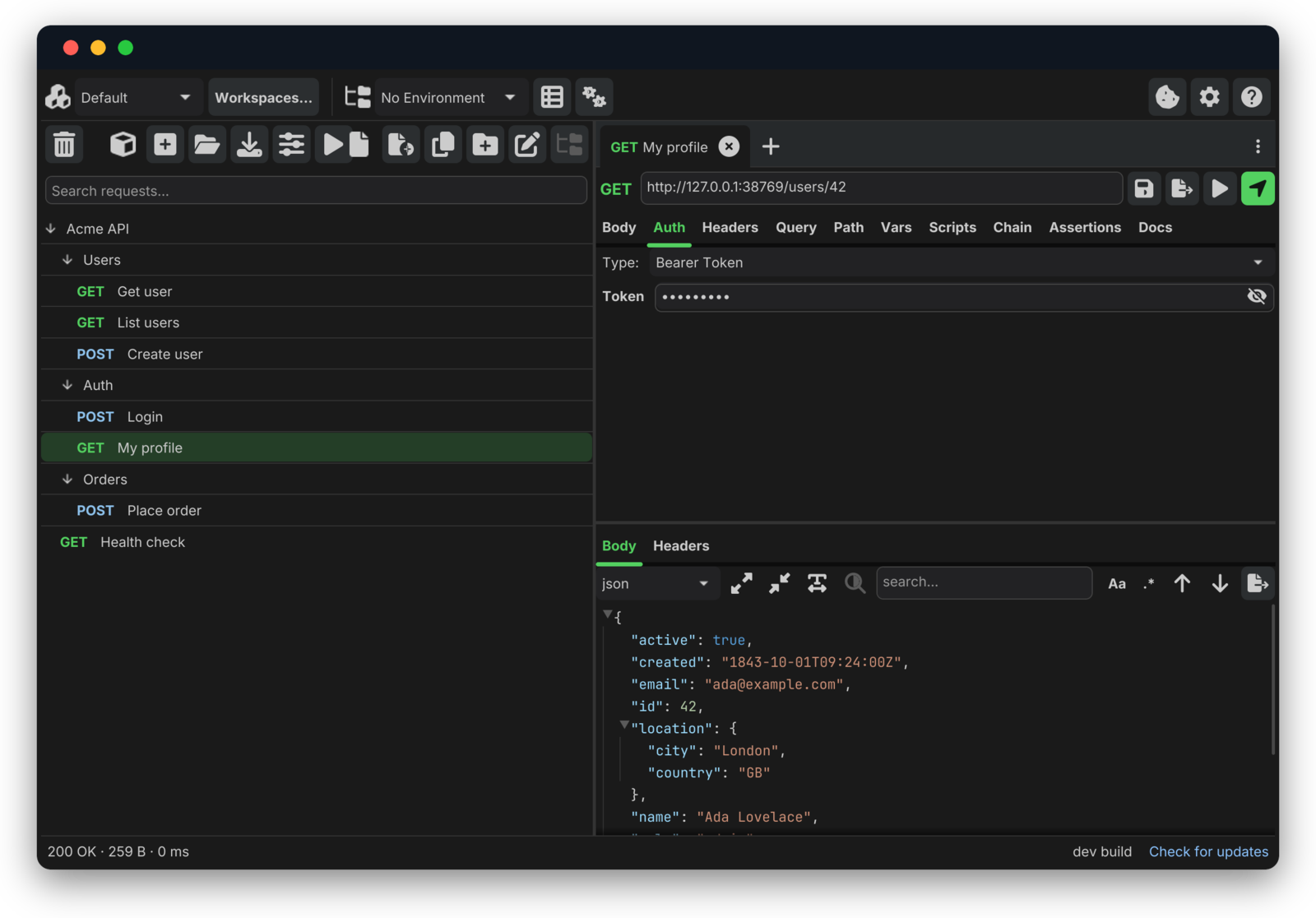 Helena's Auth tab with a Bearer token and a JSON response