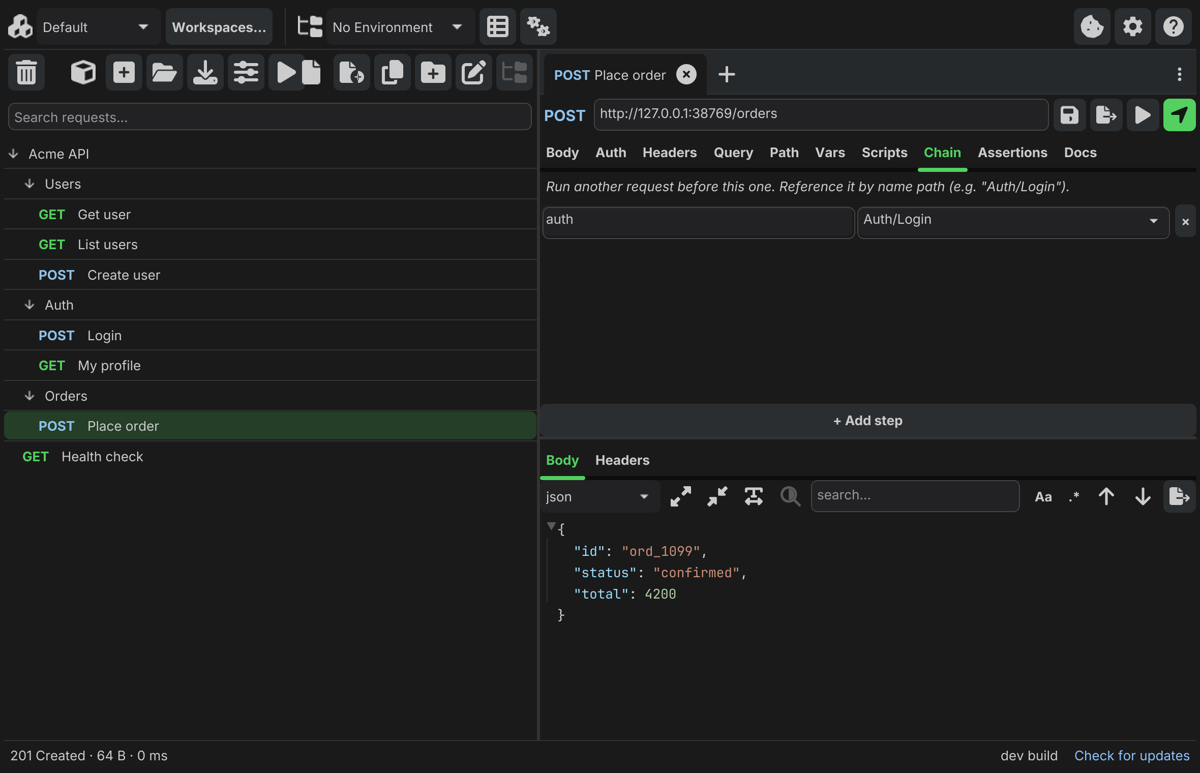 Helena's Chain tab: a Place order request that runs Auth/Login first (aliased auth), with the 201 Created order response