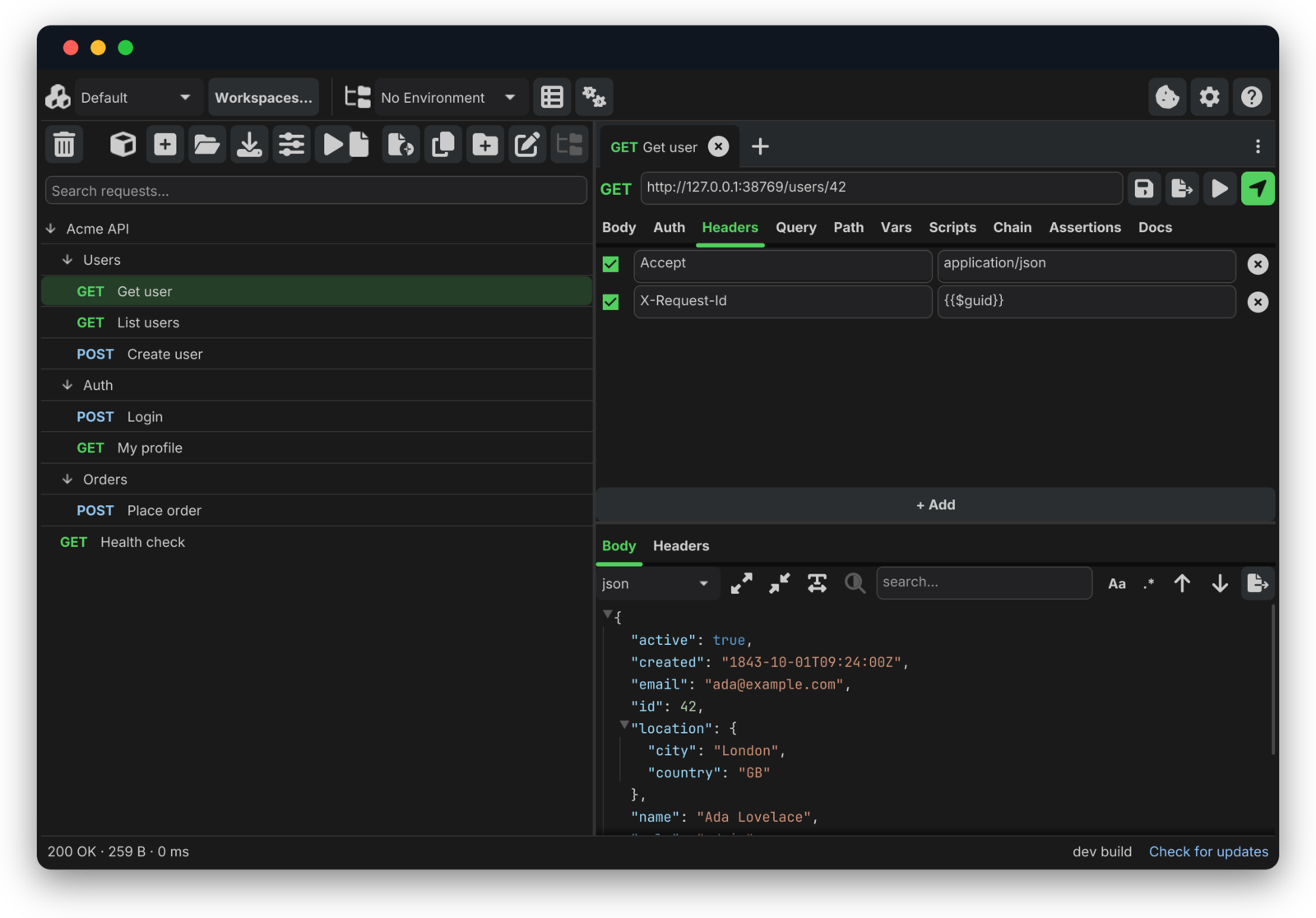 Helena showing request headers and a nested JSON response