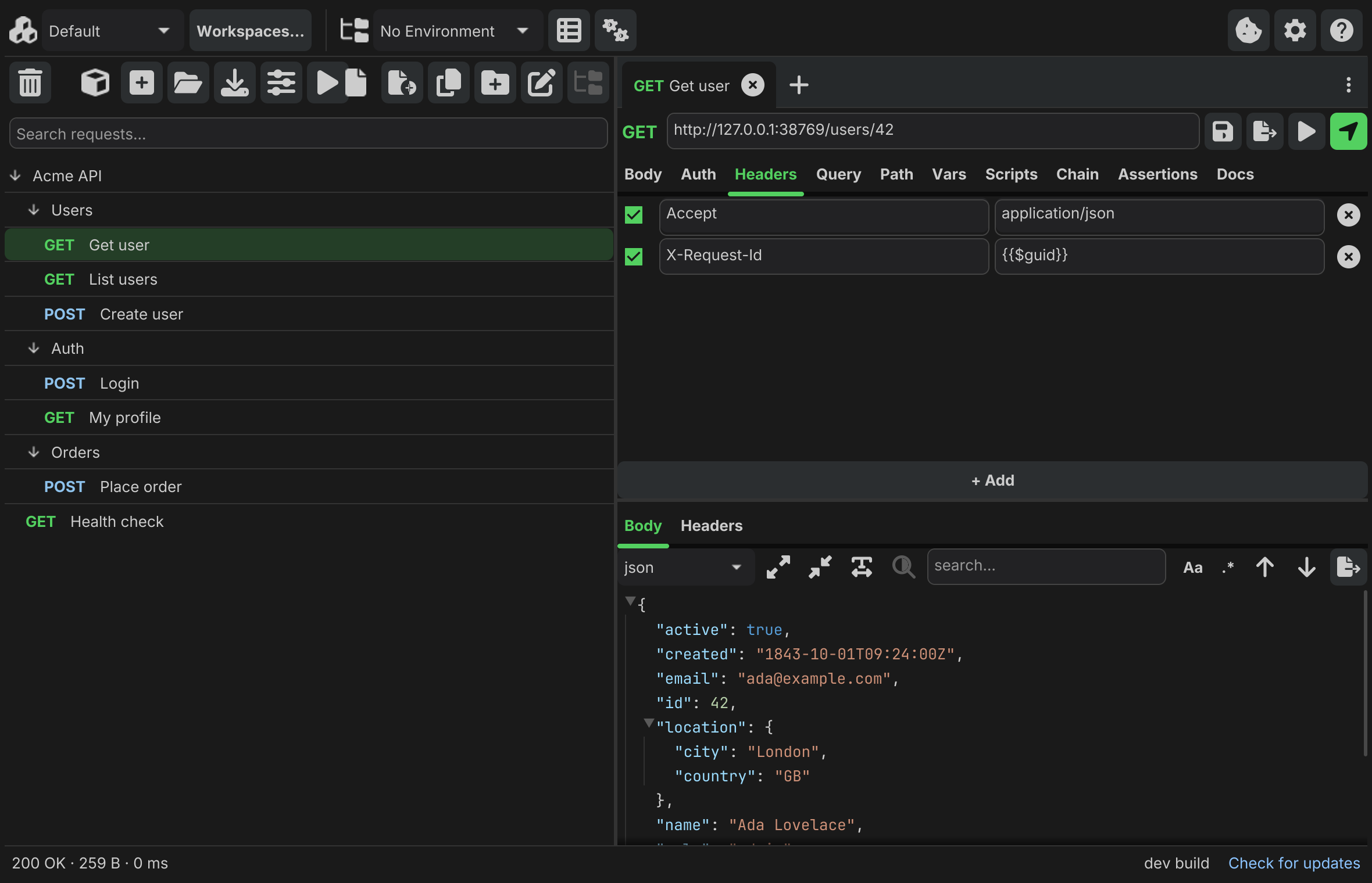 The Helena Headers tab with an Accept and an X-Request-Id header, and a nested JSON response