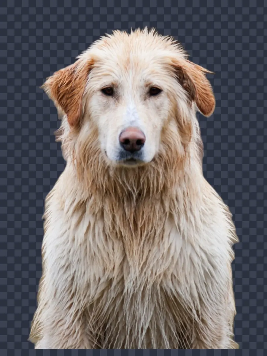 Dog cut-out shown on a checkerboard to prove transparency