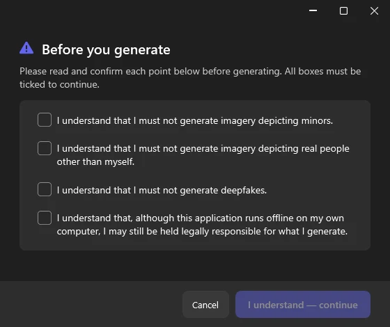 The acknowledgement dialog shown before every adult or identity-locked generation, with four checkboxes that must all be ticked to continue