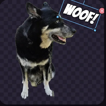 The cut-out dog with a bold, tilted WOOF! caption in a comic font