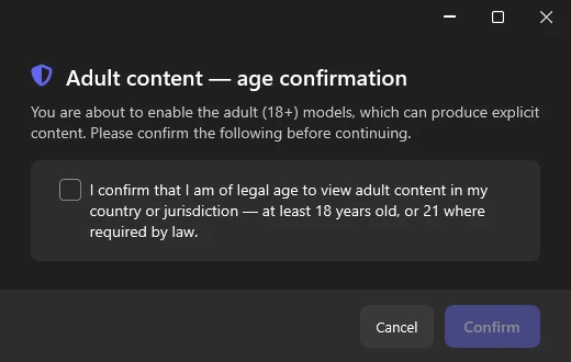 The age-confirmation dialog shown once, when enabling adult models