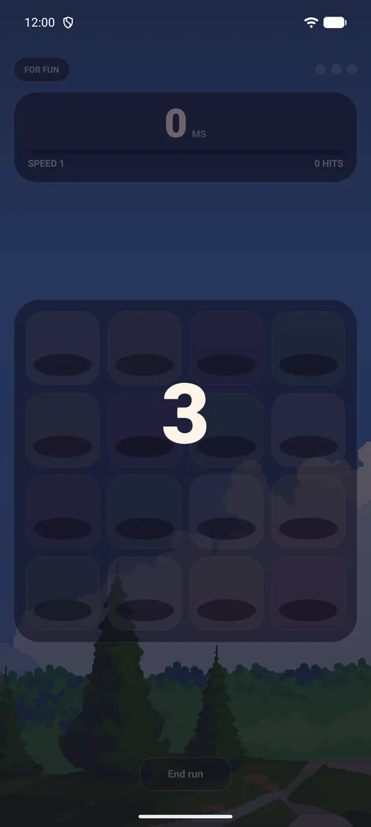 The countdown before a run: a 3 over the empty four-by-four board.