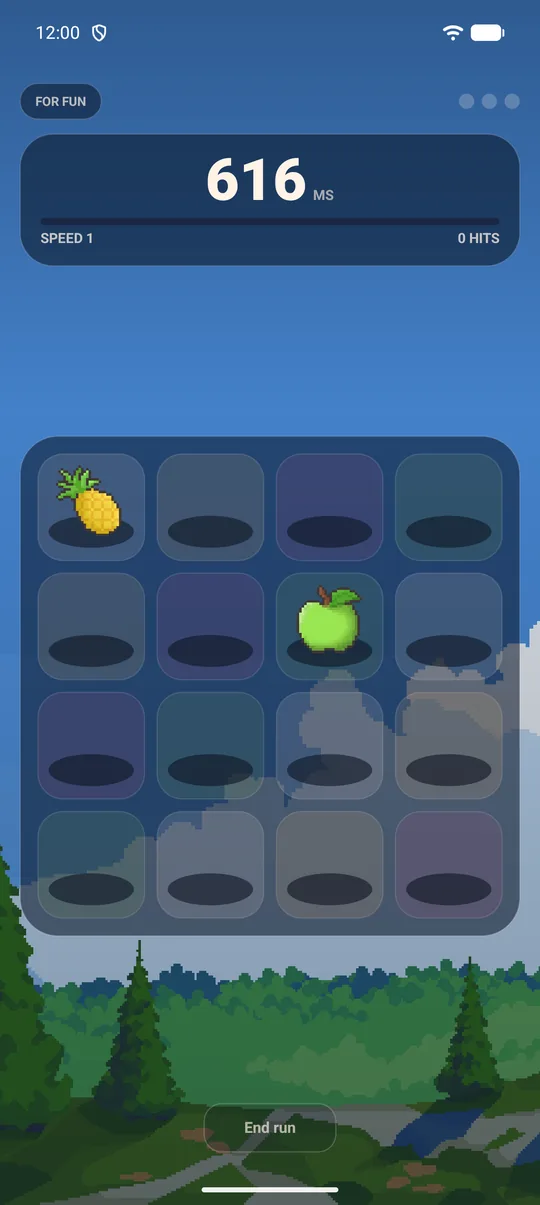 616 milliseconds in at speed one: a pineapple and an apple up, and nothing hit yet.