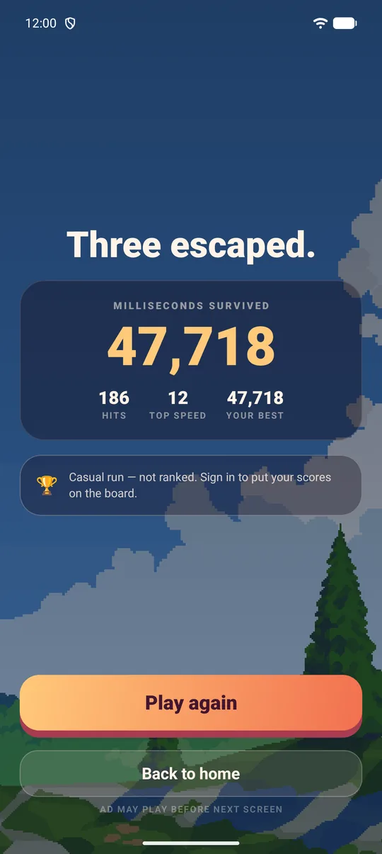 The end of a run: three escaped, 47,718 milliseconds survived, 186 hits.