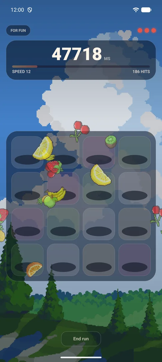 The run ending at 47,718 milliseconds: all three strikes taken, six fruit up at once.