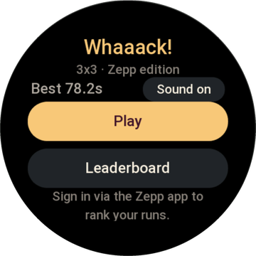 The watch menu: Play, Leaderboard, the best time so far and a sound toggle.